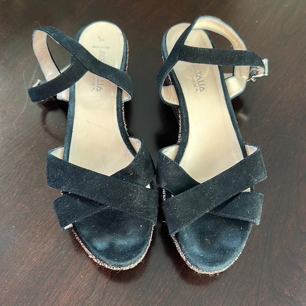 Aquatalia Platform Wedge Sandal Black Suede Woven Heel Sz 8 Quiet Luxury Classic - Picture 11 of 11